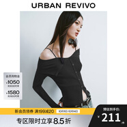 UR秋季新款女設(shè)計(jì)感翻領(lǐng)一字肩露肩修身針織衫UWJ940033 正黑 L