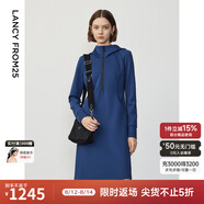 朗姿設(shè)計感復(fù)古休閑連帽收腰輕運動衛(wèi)衣連衣裙冬季新款裙子 艦隊藍色 M