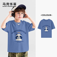 馬克華菲童裝女童短袖T恤2025夏裝新款男女孩純棉插肩袖兒童拼接款上衣 m捂眼熊靛藍 150