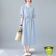 夏季民族風(fēng)棉麻連衣裙女高端收腰刺繡裙寬松顯瘦氣質(zhì)亞麻裙子 淺藍色 2XL 145-165斤