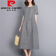 皮爾卡丹（pierre cardin）棉質(zhì)黑白小格子長款過膝連衣裙女短袖2025夏新款文藝寬松顯瘦裙子 大格子今年流行的輕奢品牌 M 85-100