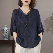 芬伶夏季棉麻上衣女襯衫V領高級感修身遮肚洋氣大碼中年媽媽亞麻短袖 藏青色【原版正品】 XL 建議【110-125斤】