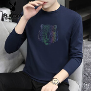 花花公子末代爾男士長袖T恤2025秋季新款老虎頭印花打底衫圓領(lǐng)體恤衫修身 藏青180長袖 5XL [建議180-200斤]