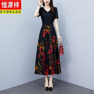 恒源祥2025夏新款大尺碼女裝胖m妹時(shí)尚收腰顯瘦長(cháng)裙氣質(zhì)拼接雪紡印花連 黑色 M 【90/100斤】