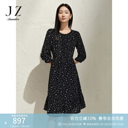 玖姿·安娜蔻法式波點桑蠶絲收腰七分袖荷葉邊連衣裙女2025春季新款 花黑 XL