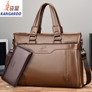 袋鼠男士商務(wù)手提包真皮公文包大容量橫款電腦背包時(shí)尚單肩斜挎包 lk2528卡其色加大 送手包 寬39高29厚8厘米