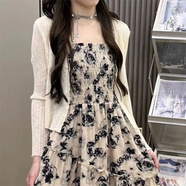 夏季新款碎花抹胸連衣裙女夏法式復古感收腰顯瘦吊帶裙 黑色 S