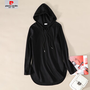 皮爾卡丹（pierre cardin） 連帽長(cháng)袖弧形下擺中長(cháng)款白色t恤女絲光棉寬松打底衫遮臀 黑色 3XL