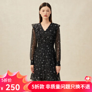 哥弟真的好（GIRDEAR）女裝印花造型洋裝高腰雪紡連衣裙A500189 黑 L (4碼)