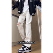 益帛微喇牛仔褲男士夏季薄款美式高街黃泥染做舊寬松休閑直筒長褲子男 白色破洞 XL 【建議120-135斤】