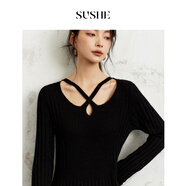 束皙綿羊毛輕柔零壓交叉設計收腰黑色針織連衣裙女秋冬 烏云黑 L