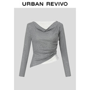 UR2026春季新款女裝度假褶皺拼接蕾絲一字肩長(cháng)袖T恤UWJ450159 花灰 (面料微透) XS