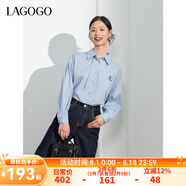 lagogo純棉藍(lán)白條紋刺繡長袖襯衫女拉谷谷春秋新款清新百搭上衣 藍(lán)白(NV) S