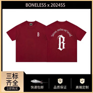 BONELESS背后圓弧logo重磅復古夏季純棉短袖寬松百搭男女情侶體恤 酒紅色 M