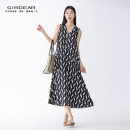 哥弟（GIRDEAR）女裝裙子夏季穿搭法式氣質(zhì)松弛感V領(lǐng)時(shí)尚無(wú)袖洋裝連衣裙1500513 氣質(zhì)幾何(藍) L L(4碼(145-165斤)