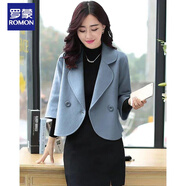 羅蒙（ROMON）七分袖春秋裝新款韓版通勤女裝毛呢短外套時(shí)尚西服修身短款小西服 官方旗艦卡其 M 90斤以下