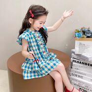 心楠女孩韓版藍(lán)色格子飛袖兩件套2025夏季新款女寶甜美洋氣休閑連衣裙 女童藍(lán)色格子裙 【適合20-25斤】 80 cm-85cm【身高】