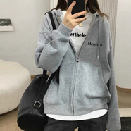 羅蒙2025年新款美式寬松韓版連帽女士開(kāi)衫拉鏈衛衣女春秋長(cháng)袖上衣外套 花灰色薄款拉鏈連帽外套 黑色印 S 80-100斤