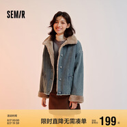 森馬（Semir）牛仔棉服女拼接毛領(lǐng)美式復(fù)古2024冬寬松毛邊夾克街頭109724108017