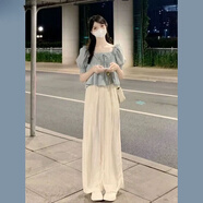 DAVEY MODE連衣裙女夏季新款2025年新款小個(gè)子泡泡袖上衣可鹽可甜兩件套裝女 藍色泡泡袖上衣+杏色休閑褲 S