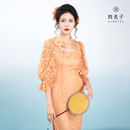四美子花似朵夏秋款橘色繡花蕾絲改良旗袍連衣裙優(yōu)雅原創(chuàng)設(shè)計(jì)新款 花似朵-橘色 S    建議8595斤