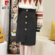 皮爾卡丹（pierre cardin）不規(guī)則毛呢中長裙大碼千鳥格A字半身裙女秋冬新款百搭復古排扣裙 20號中長  小千鳥格灰黑 S