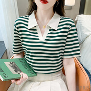 溫萊蔓莎帶有領(lǐng)子的t恤女純棉寬松中袖條紋短袖女夏季POLO領(lǐng)翻領(lǐng)半袖體恤 3301綠色 M 80-94斤