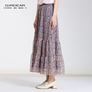 哥弟（GIRDEAR）女裝裙子百搭顯瘦高腰中長裙法式時尚氣質(zhì)百褶半身裙1200355 粉碎花 M