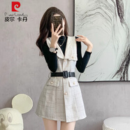 皮爾卡丹（pierre cardin）秋冬季新款名媛氣質(zhì)小香風(fēng)馬甲背心裙套裝女格子毛呢連衣裙兩件套 白色裙+黑毛衣 送腰帶 L