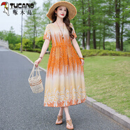 啄木鳥(niǎo)夏季民族裙子漸變寬松碎花顯瘦氣質(zhì)度假新款長(cháng)裙大碼印花連衣裙 1號色 2XL