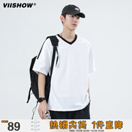 viishow純棉新款美式條紋短袖T恤男款夏季潮牌寬松休閑半袖v領上衣服 白色 2XL