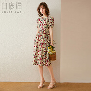 白鹿語夏季優(yōu)雅修身印花中長裙甜美泡泡袖玫瑰花圖案連衣裙 花色  M 