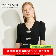 恩曼琳（ANMANI）23春夏新款木耳邊V領泡泡袖短袖針織衫上衣EANDAA69 黑色 S