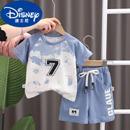 迪士尼（Disney）男童夏裝套裝兒童夏季小童衣服棉休閑薄款1一3歲寶寶短袖兩件套 藍(lán)色-7字圓/領(lǐng)短/袖 80 cm