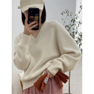 EMZ鄂爾多斯市歐貨v領(lǐng)純羊毛衫女秋冬寬松軟糯低領(lǐng)加厚打底休閑毛衣 白色 L