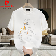 皮爾卡丹（pierre cardin）夏季新款潮牌印花寬松休閑重磅純棉短袖T恤青年男女百搭上衣 白色【前中大圖K3032 線條頭像點(diǎn) S 建議90-100斤