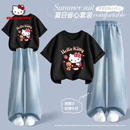 Hello Kitty女童夏季套裝2025新款洋氣女孩純棉短袖時(shí)尚愛(ài)心牛仔褲中大童夏裝