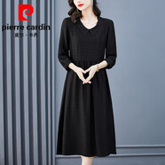 皮爾卡丹（pierre cardin）高端品牌桑蠶絲格紋連衣裙女秋冬夏季新款媽媽黑色洋氣遮肚子顯瘦 皮爾卡丹   黑色 M