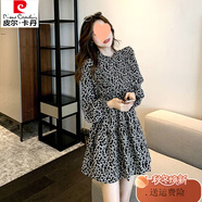 皮爾卡丹高腰長(cháng)袖復古碎花連衣裙女春秋荷葉邊大碼A字短裙 圖片色 XL