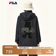 FILA斐樂官方女裝外套秋季上衣多彩潮流加絨保暖開衫連帽小熊外套 正黑色-F51W138599FBK(加絨) 160/80A/S
