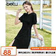 百圖betu女裝夏季新款連衣裙自然瘦腰泡泡袖短袖連衣裙女2304T90 黑色 XS