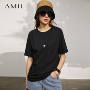 AMII夏新款短袖T恤女正肩設(shè)計感不規(guī)則褶皺開叉莫代爾上衣 黑色12220086 150/76A/XS