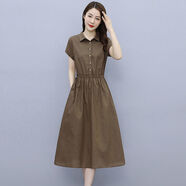 純棉連衣裙短袖女裝2025夏季新款寬松抽繩收腰遮肚子純色氣質(zhì)裙子 咖啡色 3XL 【135-145斤】