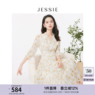 JESSIE氣質(zhì)木耳邊V領(lǐng)雪紡連衣裙印花裙女春季新款 黃色 M