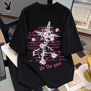 花花公子（PLAYBOY）美式玫瑰印花純棉短袖T恤男女夏季oversize潮牌寬松情侶百搭上衣 黑色 S