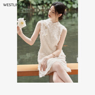 西遇新中式國風(fēng)流蘇肌理剪花連衣裙女無(wú)袖收腰A擺連衣裙 杏色 S