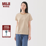 無印良品（MUJI）女式 天竺編織 圓領(lǐng)短袖T恤 上衣打底衫女款25年夏季女裝內(nèi)搭 暗黃色條紋 BB2P4C5S M (160/84A)