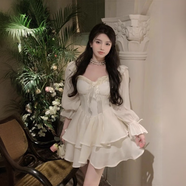 衣然呈品超仙氣質(zhì)溫柔抹胸長(cháng)袖連衣裙女春秋法式收腰顯瘦甜美別致蓬蓬短裙 杏色 XL 【建議130-145斤】