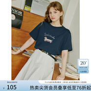 范思藍恩夏季小狗圖案短袖圓領(lǐng)T恤女2024新款正肩寬松運動(dòng)風(fēng)可愛(ài)短袖上衣 藏青色 M