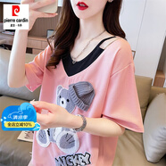 皮爾卡丹（pierre cardin）輕奢高檔v領(lǐng)拼接短袖t恤女夏季2024新款寬松韓版假兩件女裝T恤 粉色 2XL (適合151-180斤)